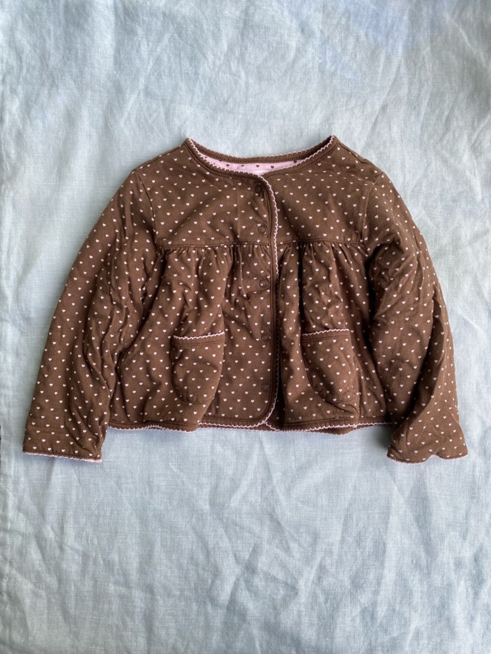 Janie & Jack brown & pink polka dot hearts reversible padded cotton cardigan